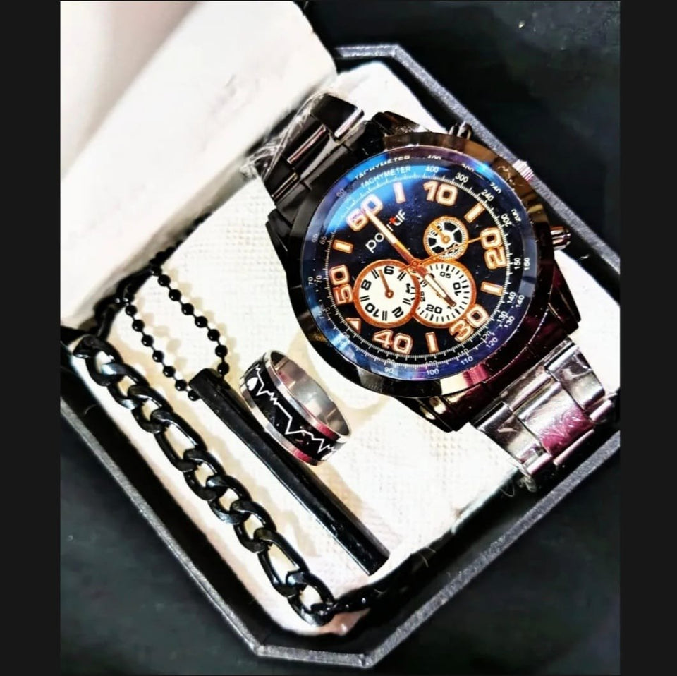 Business steel straps round dial wrist watches hand watch - silver watch - men watches - watch for boys - watch for men - watch for kids - watch for young's - watch for boys + Bracelet + With Chain+Ring - High Quality In Random Dial watch stylish - branded - watch - Melabazar.shop