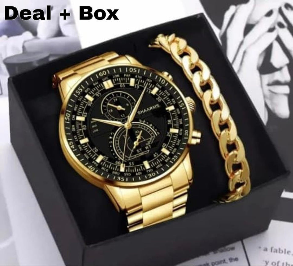 Business steel straps round dial wrist watches hand watch - silver watch - men watches - watch for boys - watch for men - watch for kids - watch for young's - watch for boys + Bracelet + With Chain+Ring - High Quality In Random Dial watch stylish - branded - watch - Melabazar.shop