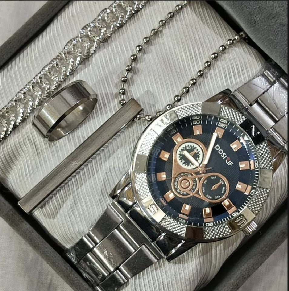 Business steel straps round dial wrist watches hand watch - silver watch - men watches - watch for boys - watch for men - watch for kids - watch for young's - watch for boys + Bracelet + With Chain+Ring - High Quality In Random Dial watch stylish - branded - watch - Melabazar.shop